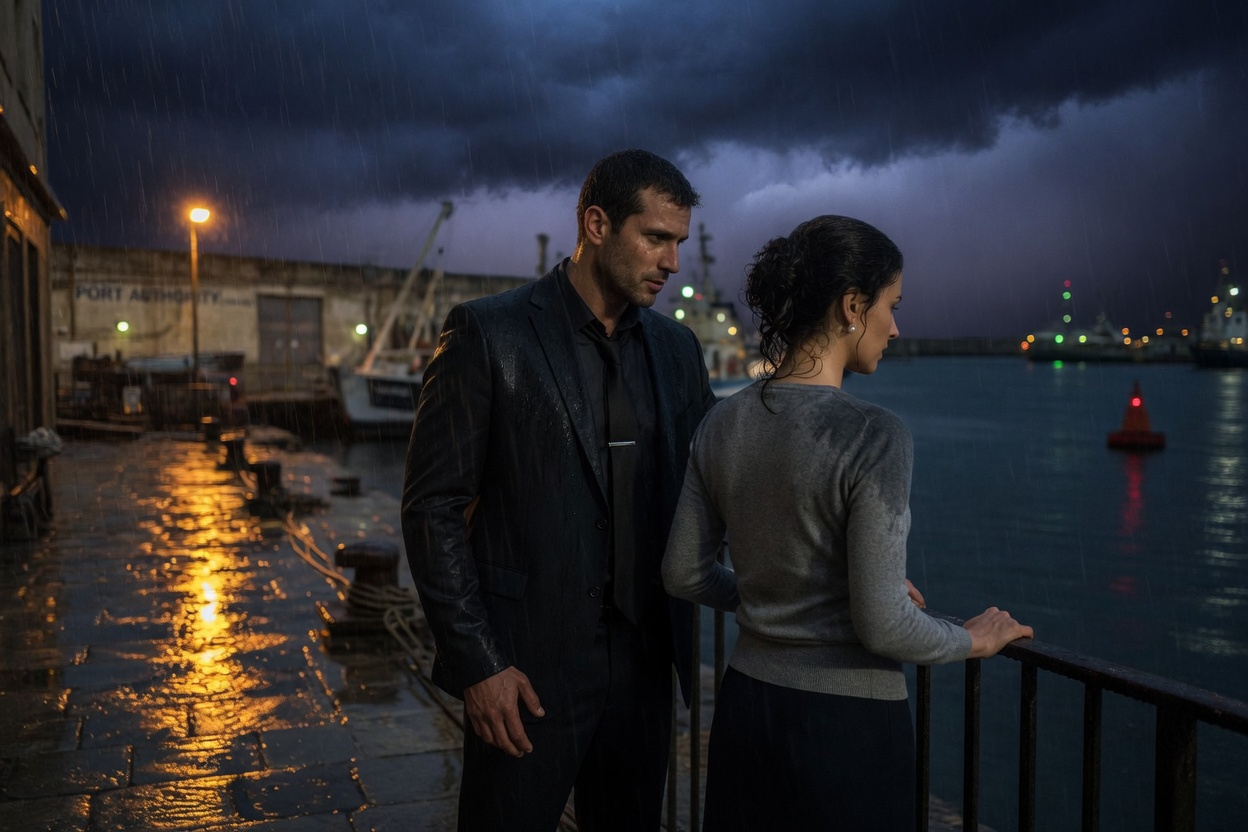 A brooding bodyguard in a dark suit stands close behind an elegant woman on a rain slicked harbor terrace at night