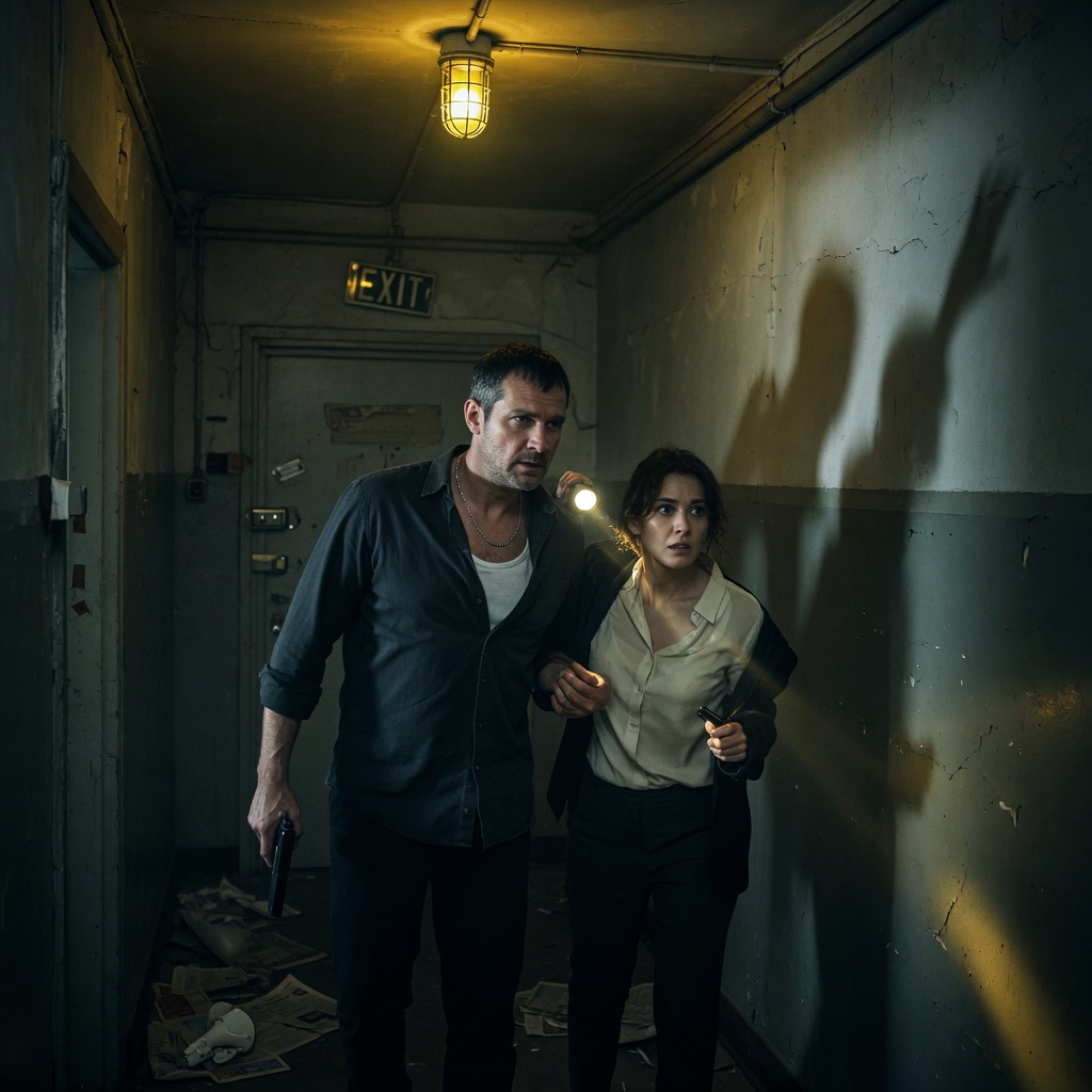 A dark hallway of a safe house lit only by a single emergency bulb, a man shielding a woman behind him