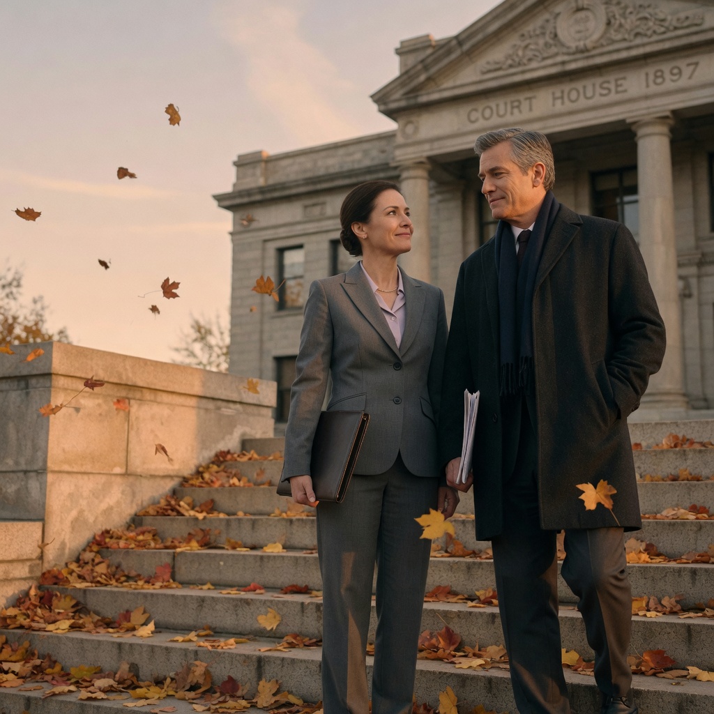 A woman in a grey suit and a man in a dark coat stand together on a courthouse steps in autumn light, close but not touching