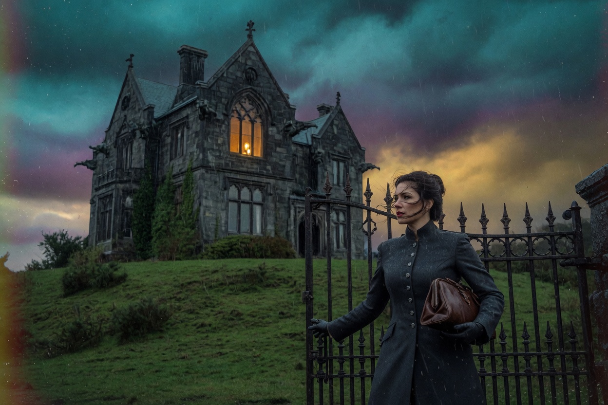 A stormy dusk over a gothic stone manor, warm lamplight glowing in one high window while a woman in a grey coat stands at the iron gate with a leather case in hand.