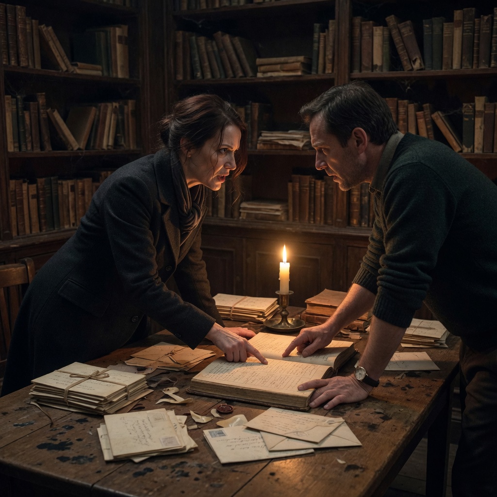 A candlelit library where a woman in a charcoal coat and a man in a dark green sweater lean over a worn ledger together, arguing, their hands nearly touching on the same page.