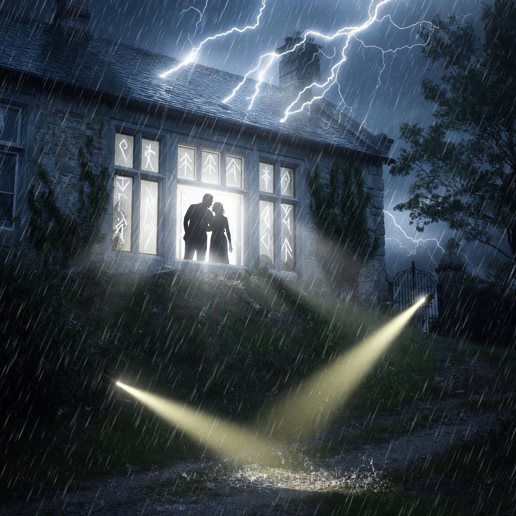 Night outside a stone manor, lantern light and flashlights approaching up the hill while the windows blaze with sudden silver wardlight and two silhouettes stand together behind the glass.
