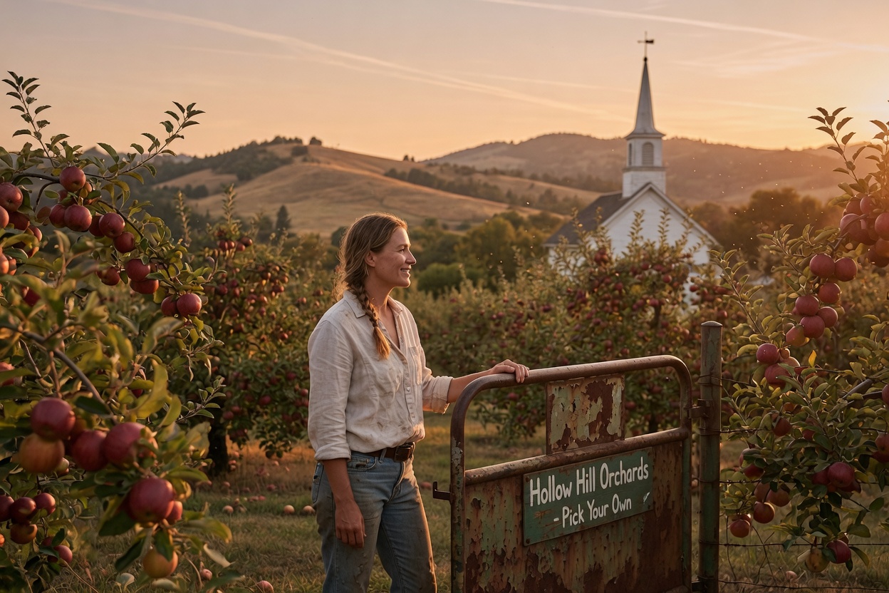 A woman stands at the gate of a weathered apple orchard at golden hour, rolling hills and a small town steeple behind her.