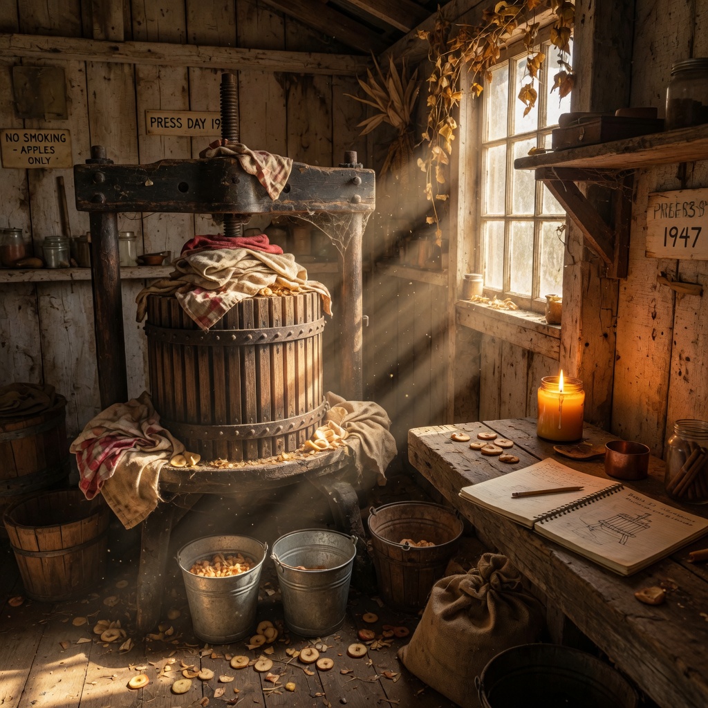 Inside a rustic cider press shed, sunlight falls across old wooden slats, a copper still, and hanging tools on a pegboard wall.