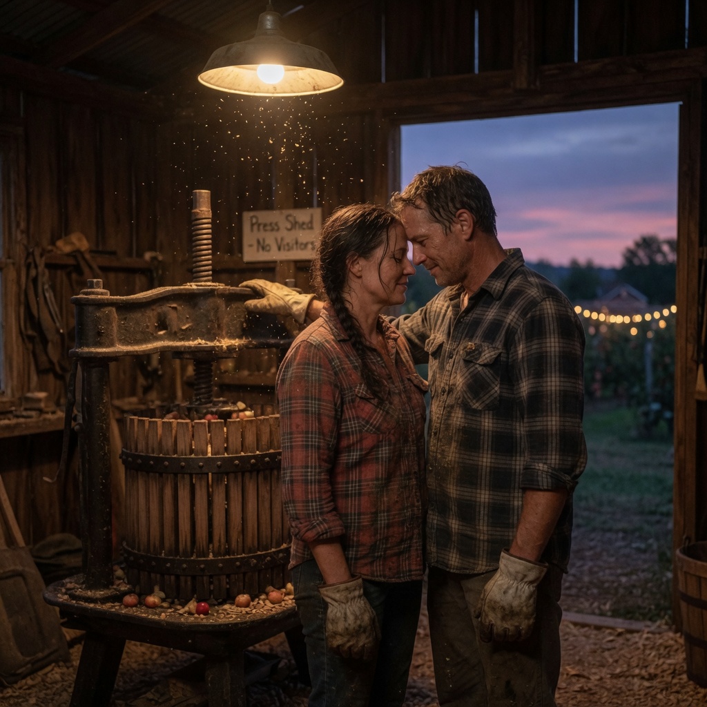 A man and woman stand close together in a cider press shed at dusk, foreheads touching, sawdust in the air, warm lamplight on their faces.