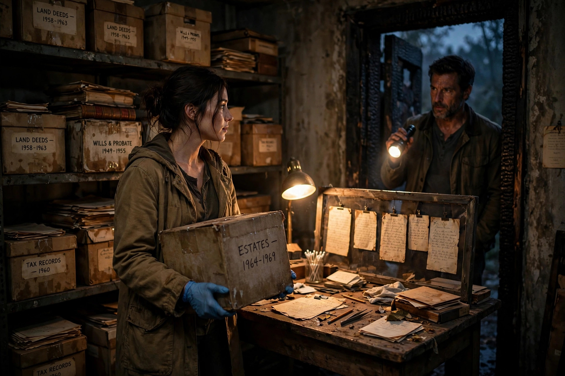 A dim archive room at dusk with boxes of water stained county records and a single lamp glowing over a work table