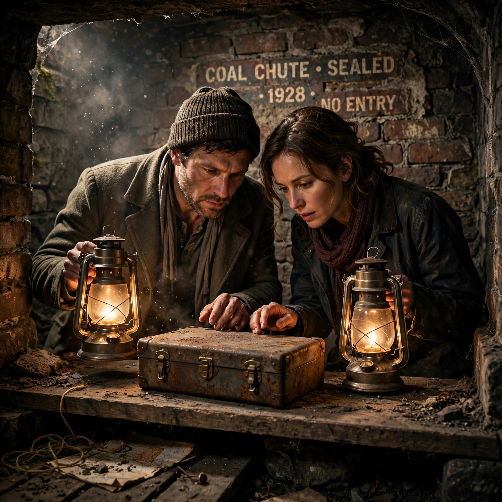 A man and a woman holding lanterns in a dusty bricked over basement room, examining an old metal document case