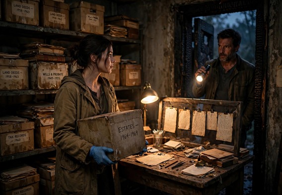 Cinematic romance still: a dim, atmospheric county archive basement at dusk, boxes of water stained antique ledgers on metal shelves, a single warm lamp over a work table with drying letters on window screens, a woman in a canvas coat and nitrile gloves holding a document box, a rugged man in his forties in a canvas jacket standing in a charred doorway with a flashlight, tension and quiet attraction, moody amber and charcoal palette, shallow depth of field