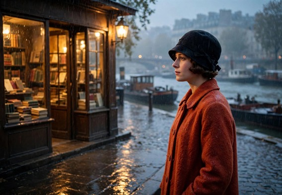 Cinematic 1920s romance still: a woman in a dark cloche hat and autumn-apple colored wool coat stands outside a small lamplit Paris bookshop at dusk, soft rain falling, golden lamp glow on wet cobblestones, the Seine and barges blurred behind, nostalgic film grain, no text.