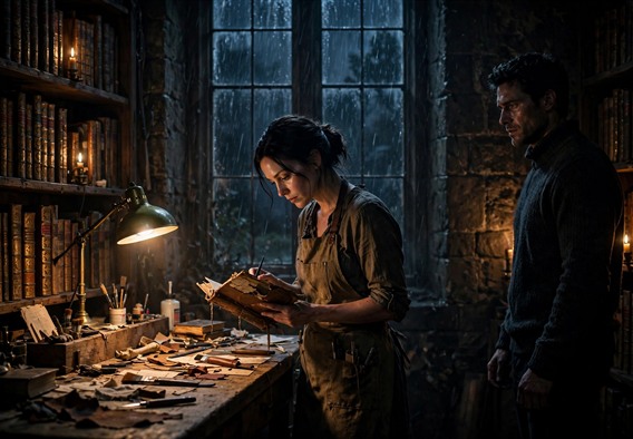 Cinematic dark romance book cover style image: a dim stone private library at night, one warm lamp over a long oak conservation bench, a woman in her thirties with dark hair in a work apron examining a damaged antique leather book, a tall man in a charcoal sweater standing at the edge of the lamplight watching her, moody chiaroscuro lighting, rain streaked window, embers of candlelight on gilt spines, adult characters, emotionally charged stillness, photographic realism.