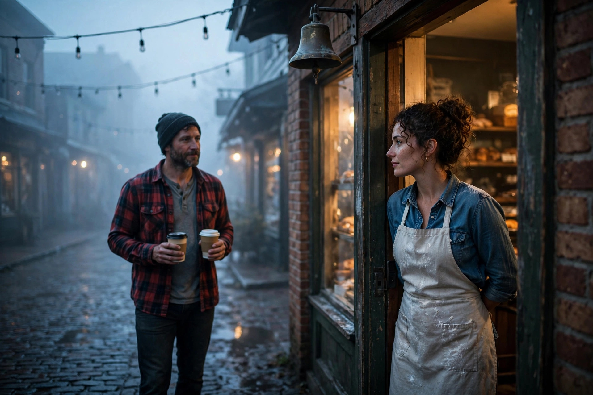 A woman in a flour dusted apron stands in the doorway of a small brick bakery on a misty small town main street at dawn.