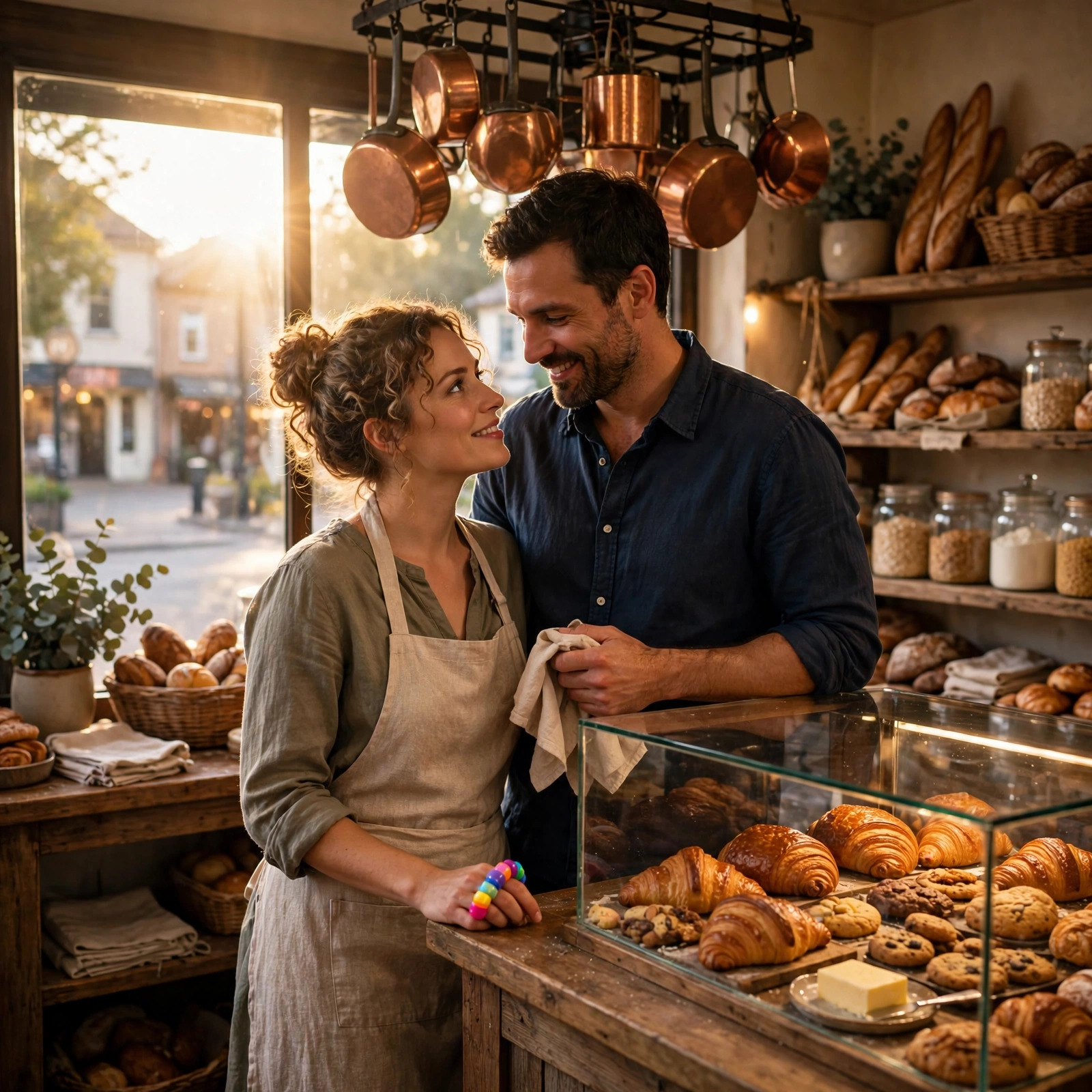 A couple shares coffee at a small bakery counter in warm morning light, a plastic toy ring visible on the woman's hand.
