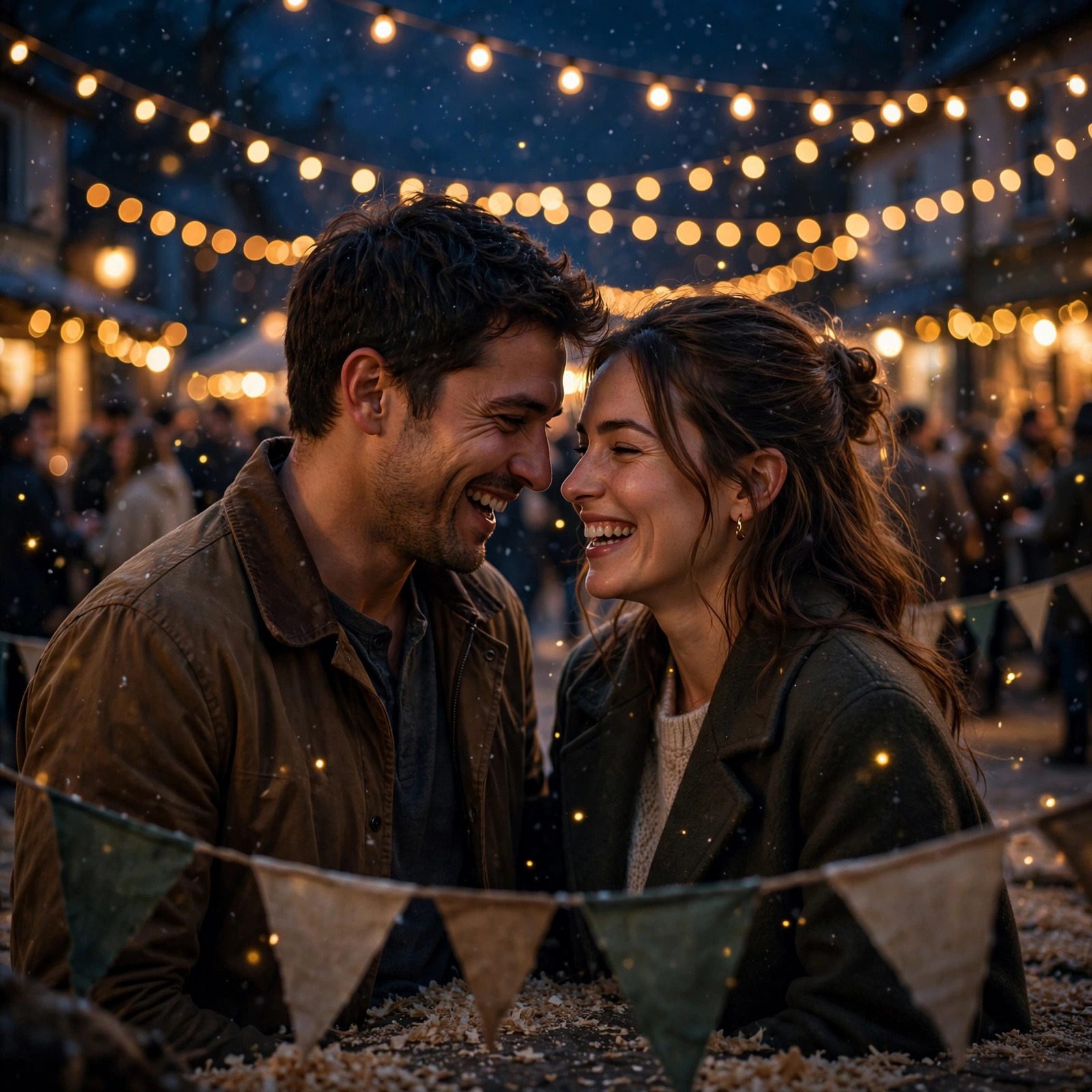 A man and woman stand close together under string lights at a small town festival at night, snow beginning to fall, foreheads nearly touching.