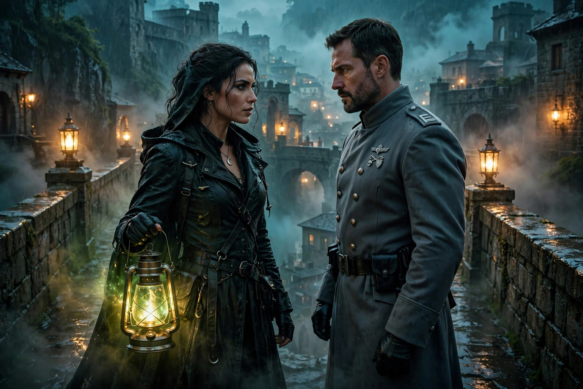 A lantern witch in a dark coat stands on a rain-slicked city bridge at dusk, holding a glowing glass vessel while a stern warden in gray watches her from a few paces away.