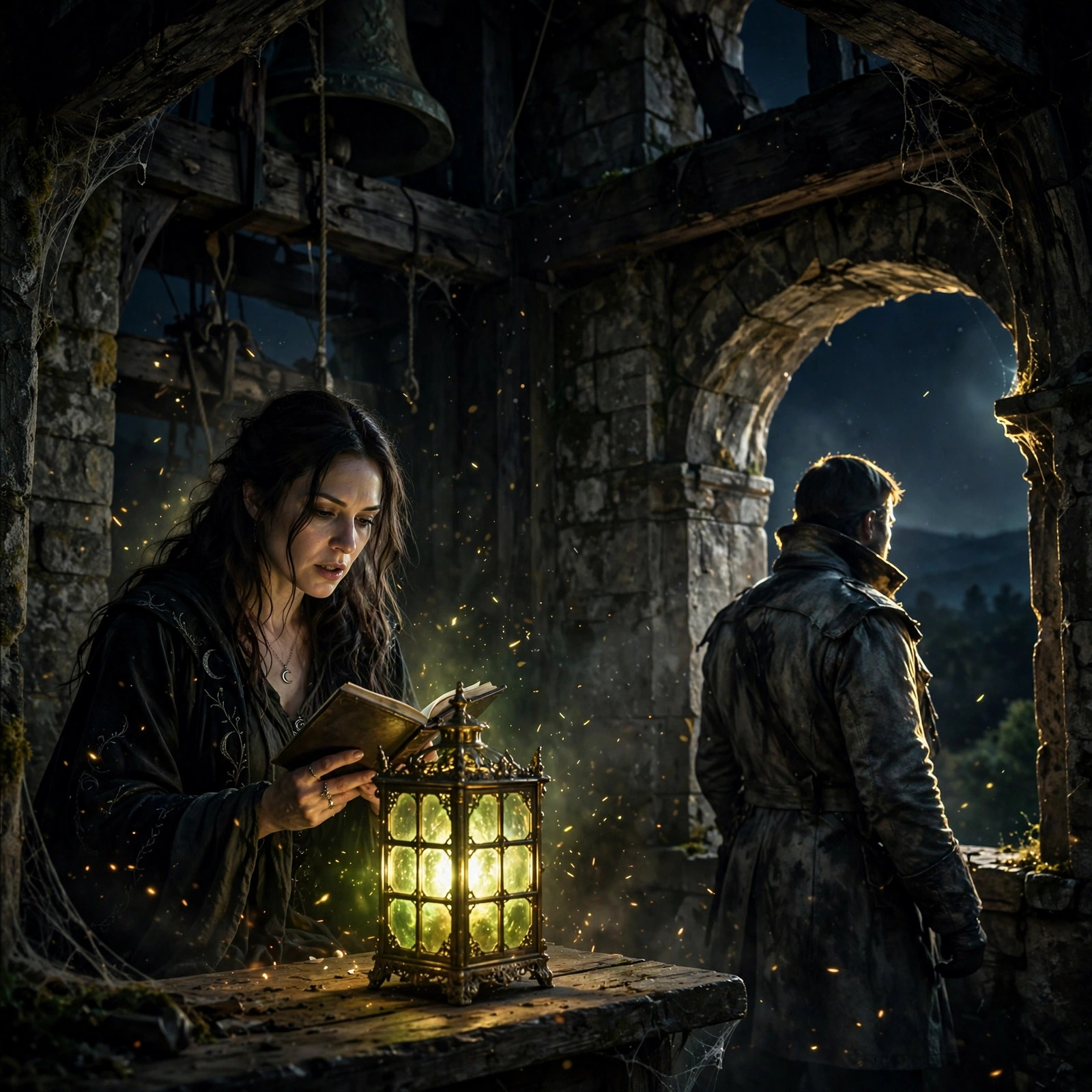 A woman in practical dark clothing reads a glowing green-gold ember trapped inside an ornate glass lantern, while a man in a scorched gray coat watches her in a shadowy bell tower.