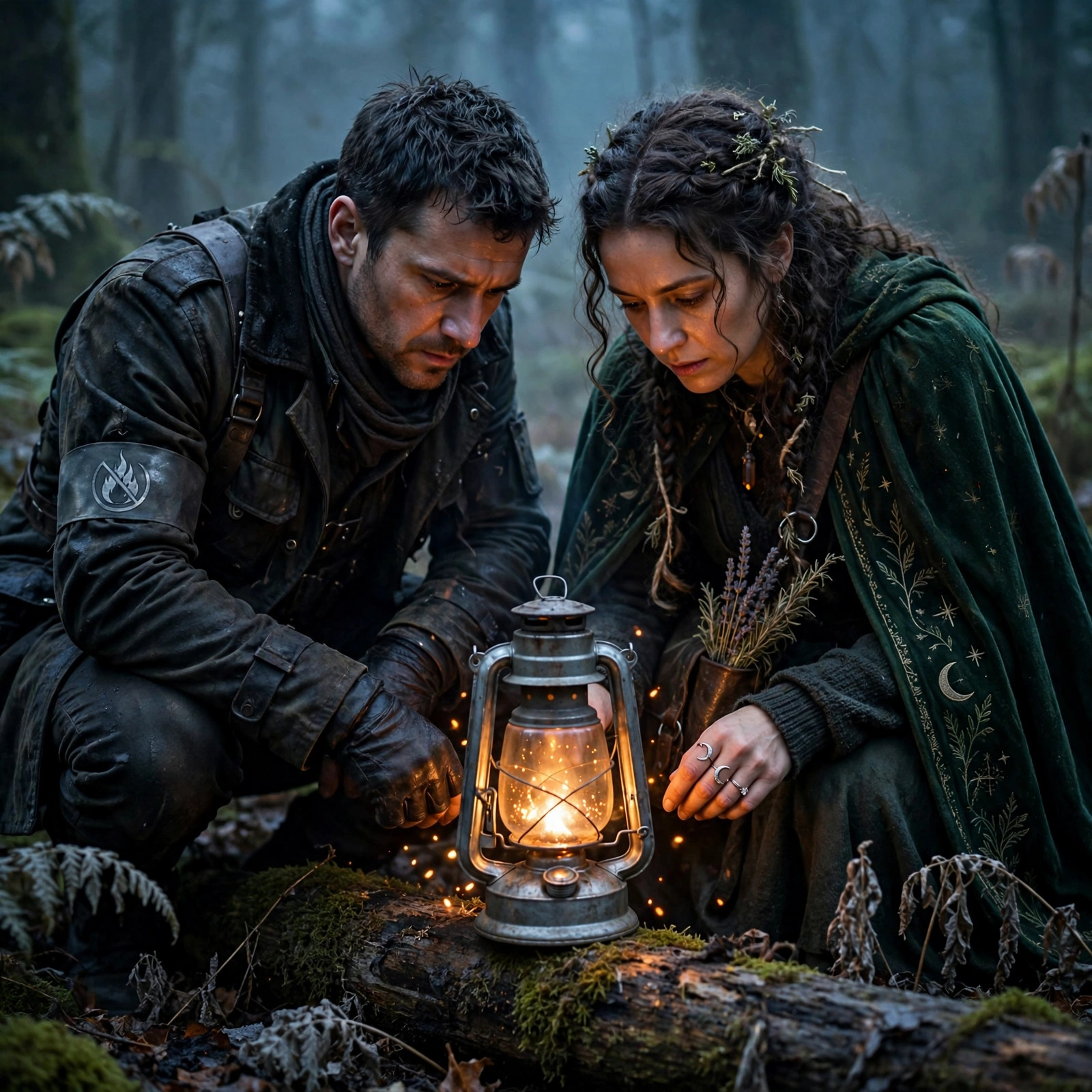 A warden in a scorched gray coat holds a lantern witch upright in a small candlelit room above a chandler's shop, broken window glass on the floor behind them.