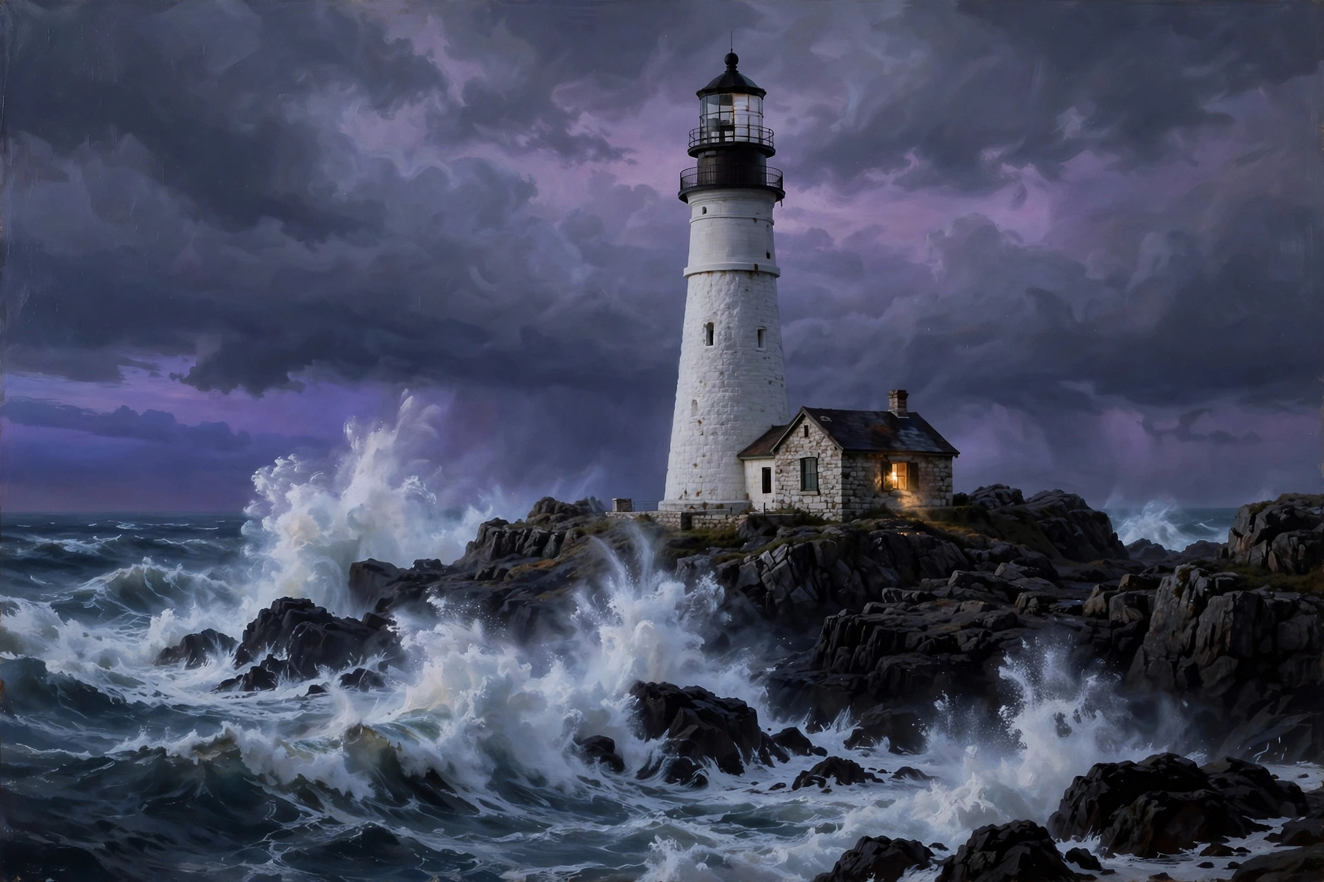 A tall stone lighthouse stands against a churning grey sea while storm clouds close over a remote rocky island at dusk.