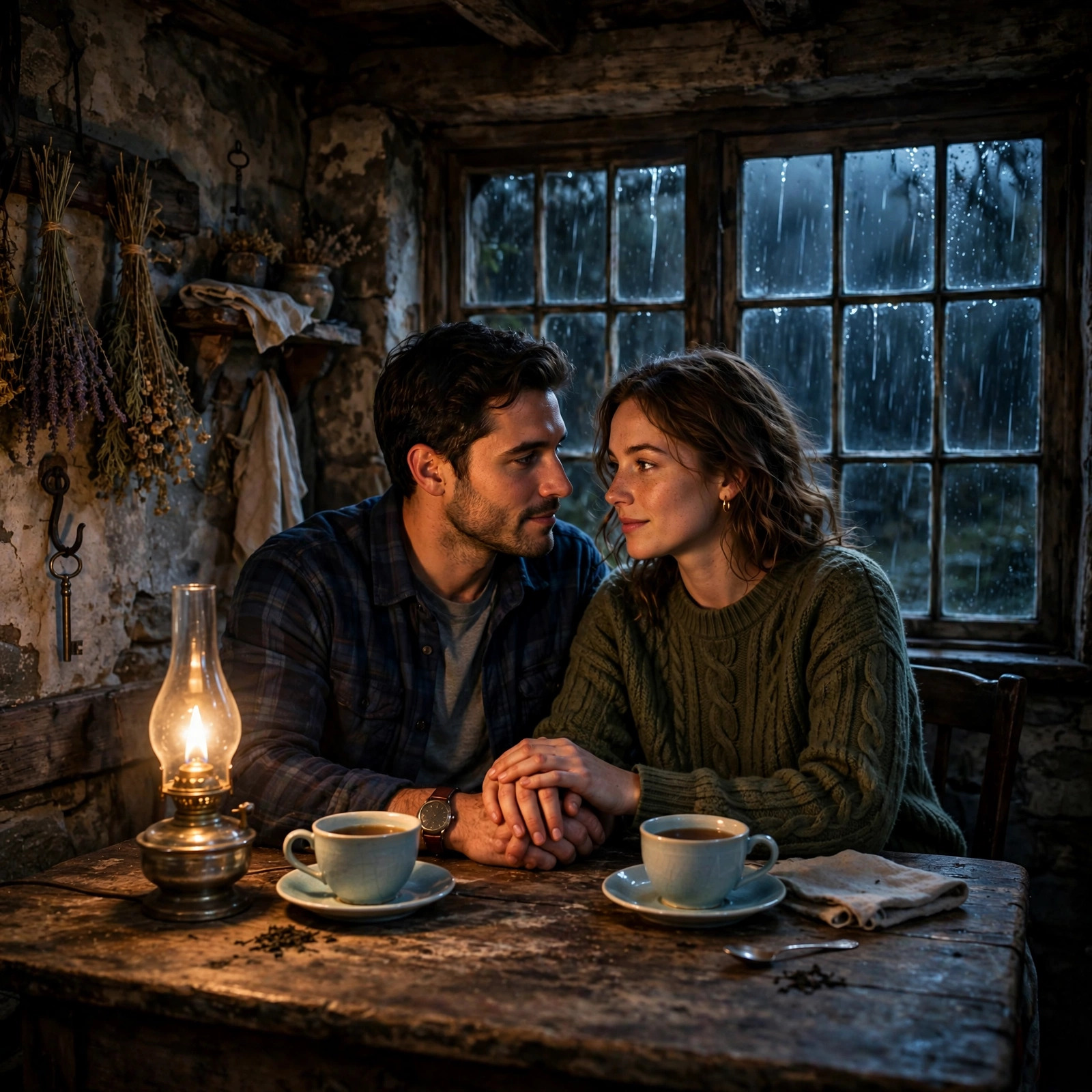 A man and a woman sit close together at a lamplit wooden kitchen table in an old cottage, hands touching, storm light in the windows behind them.