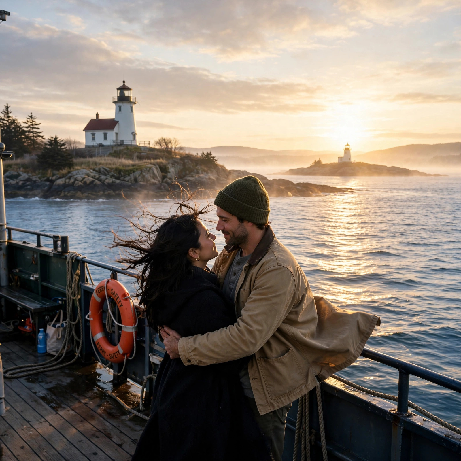 A couple stands close together on the deck of a small ferry at sunrise, an island lighthouse receding behind them over calm blue water.