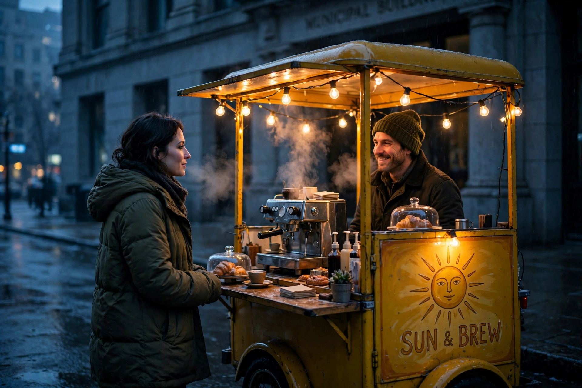 A small glowing coffee cart parked outside a gray municipal building before dawn, steam curling into cold air while a woman in a heavy coat watches from the doorway.