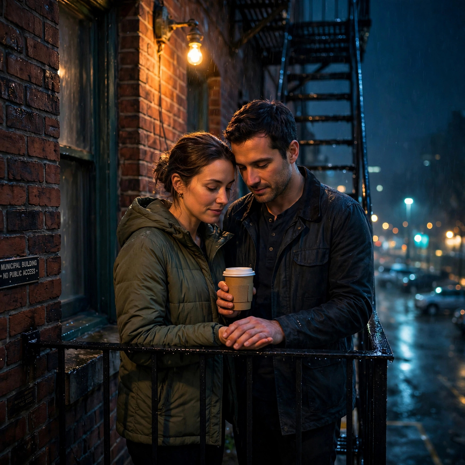 A man and a woman standing close together on a metal fire escape at night, sharing a paper coffee cup, city lights soft behind them.