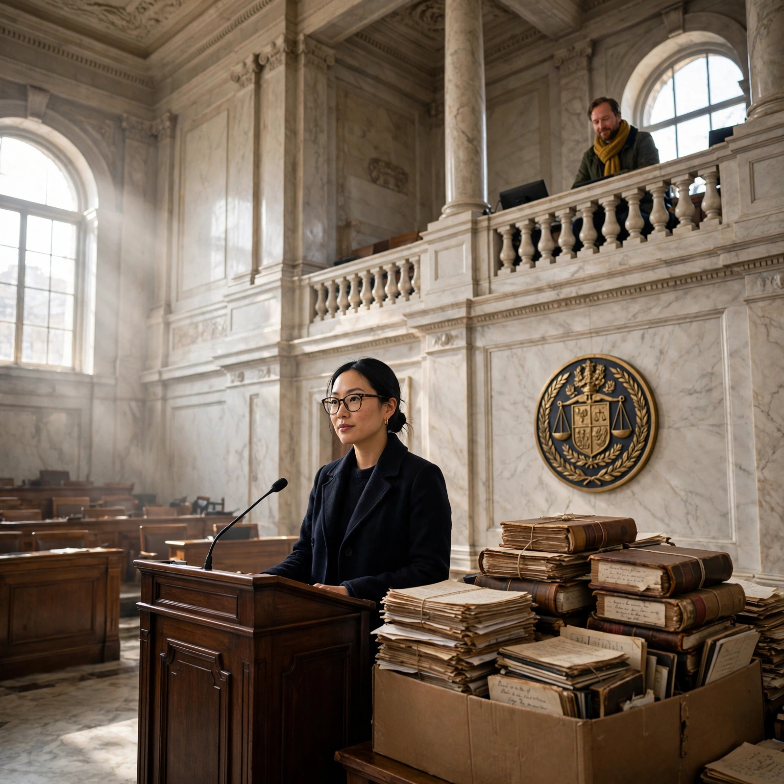 A woman in a dark coat carrying a worn cardboard box of notebooks through a marble municipal hallway, a man in a yellow scarf walking beside her.