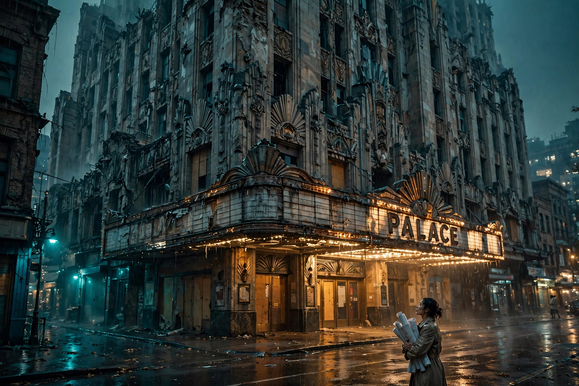 A rain-soaked city street at dusk with a crumbling art deco theater looming above, a woman in a trench coat standing small against its faded marquee