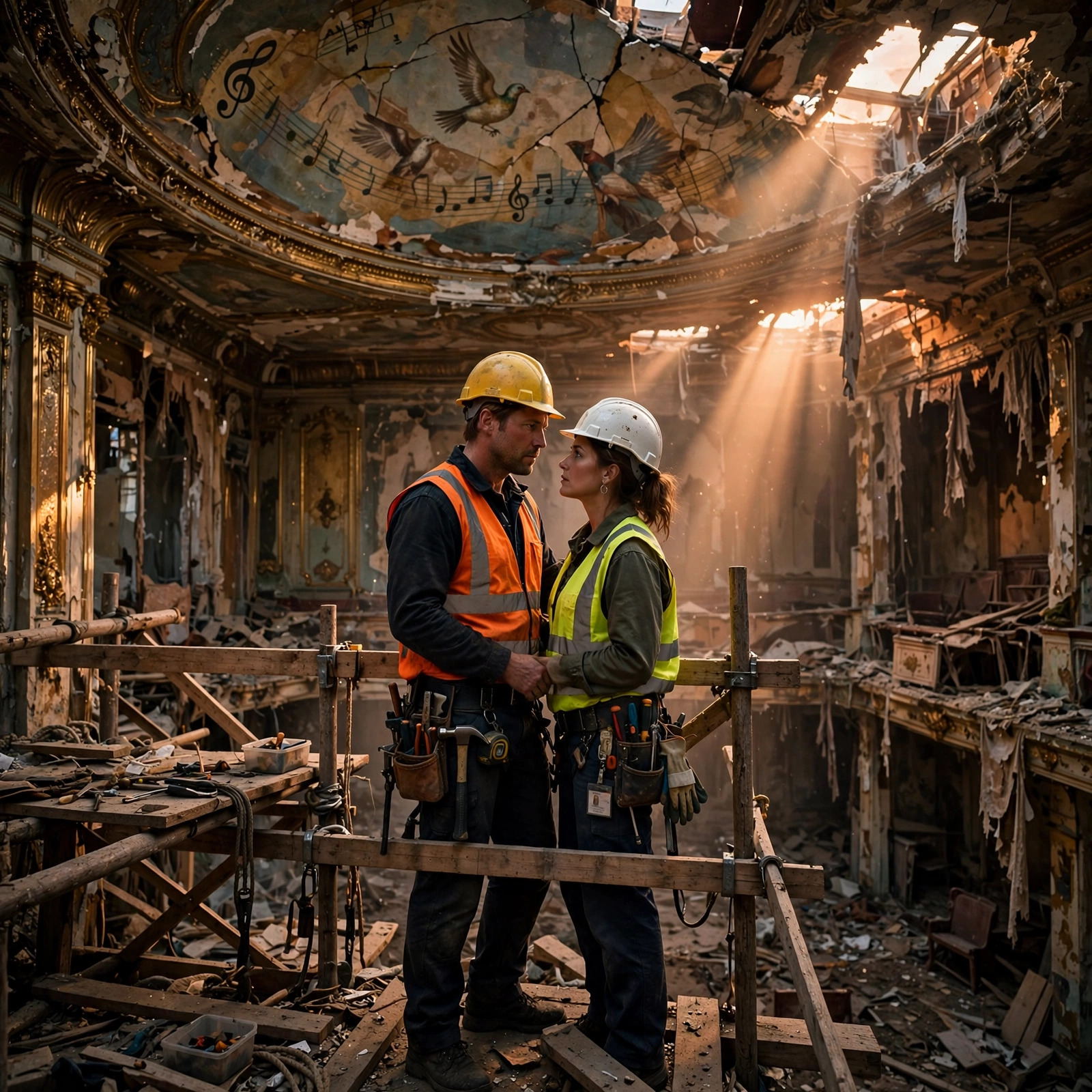 Inside a ruined theater under scaffolding, two adults in work gear and hard hats stand close on a wooden platform, bathed in copper evening light through holes in the ceiling