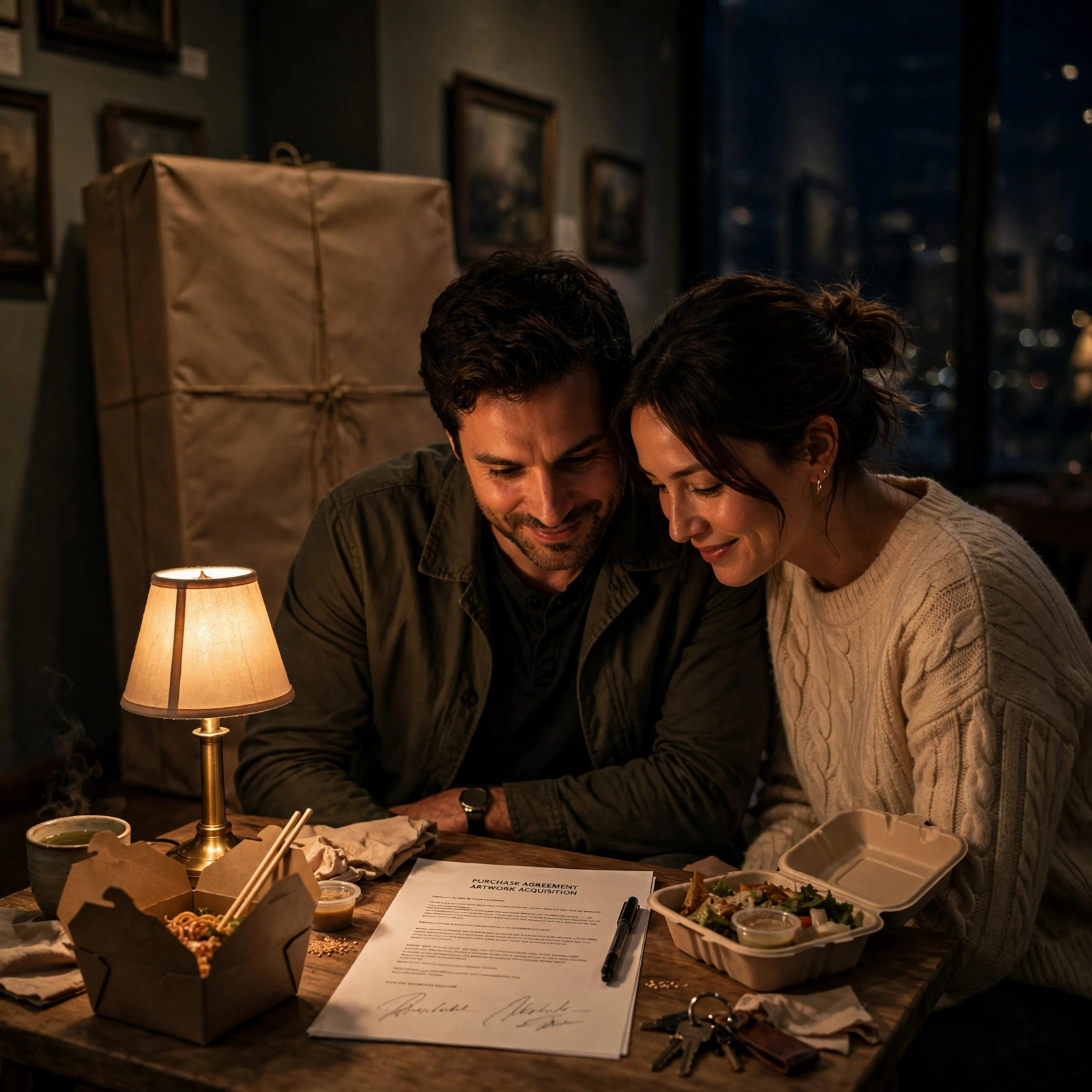 A young adult couple in a dim gallery, leaning together over a small table with food containers and documents, warm lamplight, the wrapped silhouette of a large artwork behind them