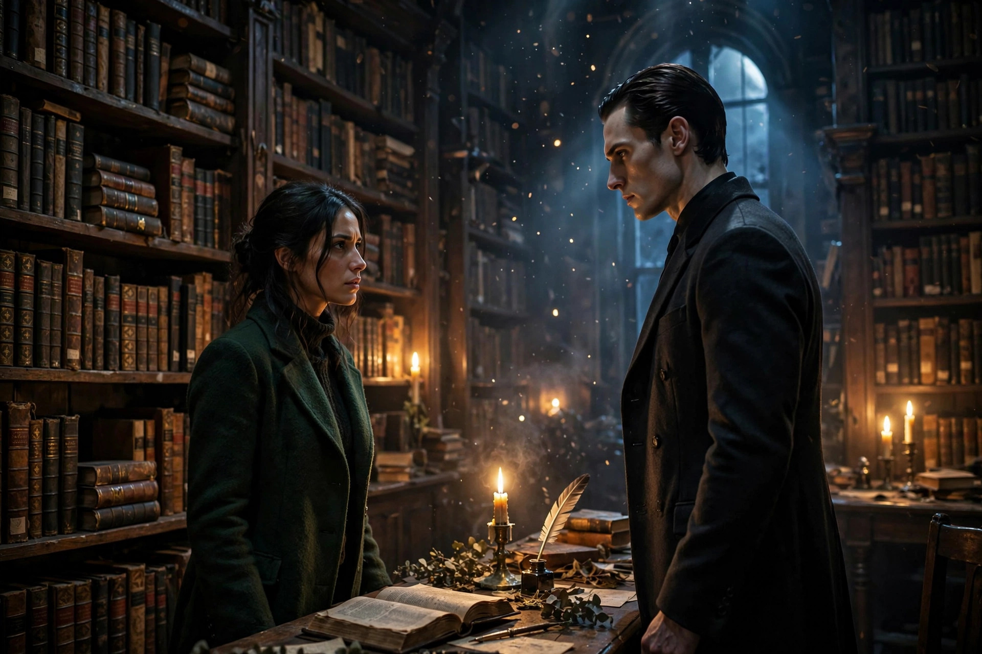 A candlelit apothecary library at night, shelves of old grimoires, a woman in a dark green coat facing a tall pale man in a doorway