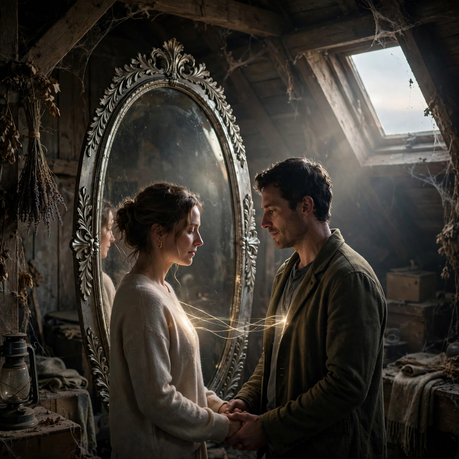 Two adults standing hand in hand before an antique oval mirror in a dusty attic, dawn light through a small window