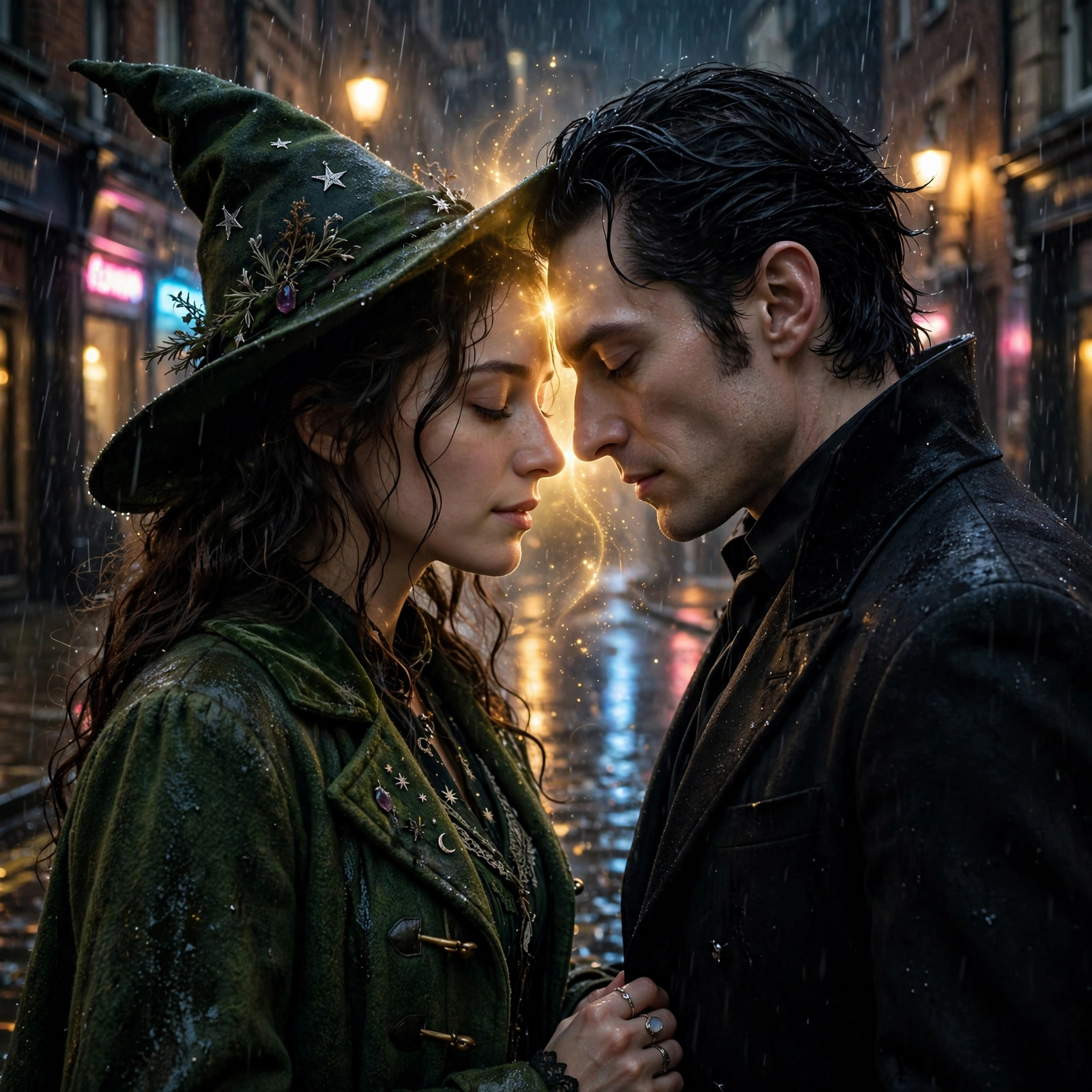A witch and a vampire on a rain-lit city street at night, foreheads touching, a faint golden thread of light between their chests