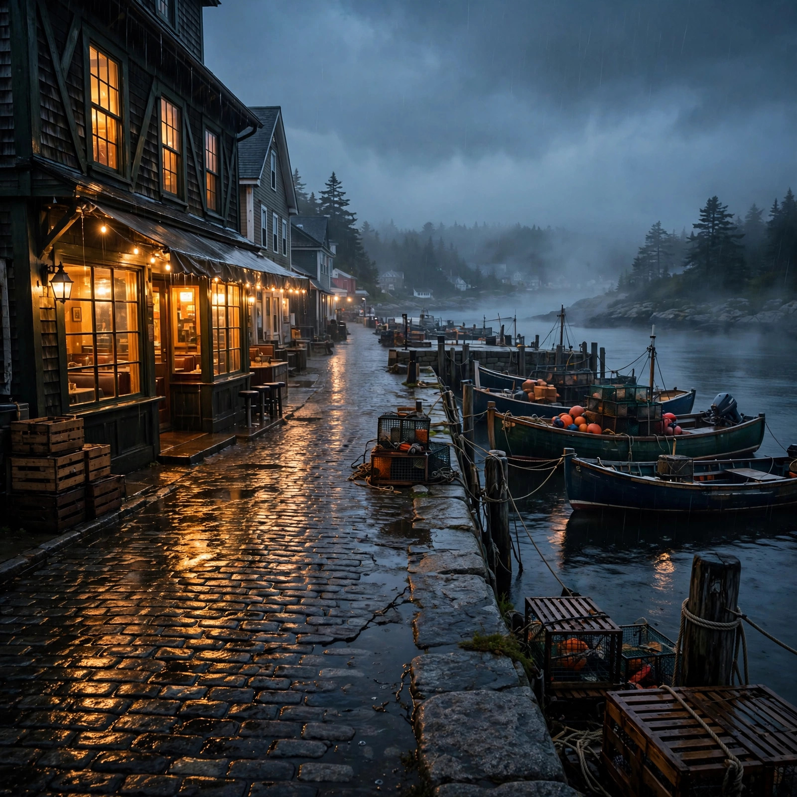 A rain-soaked coastal street at dusk with warm diner windows, lobster boats tied along a stone quay