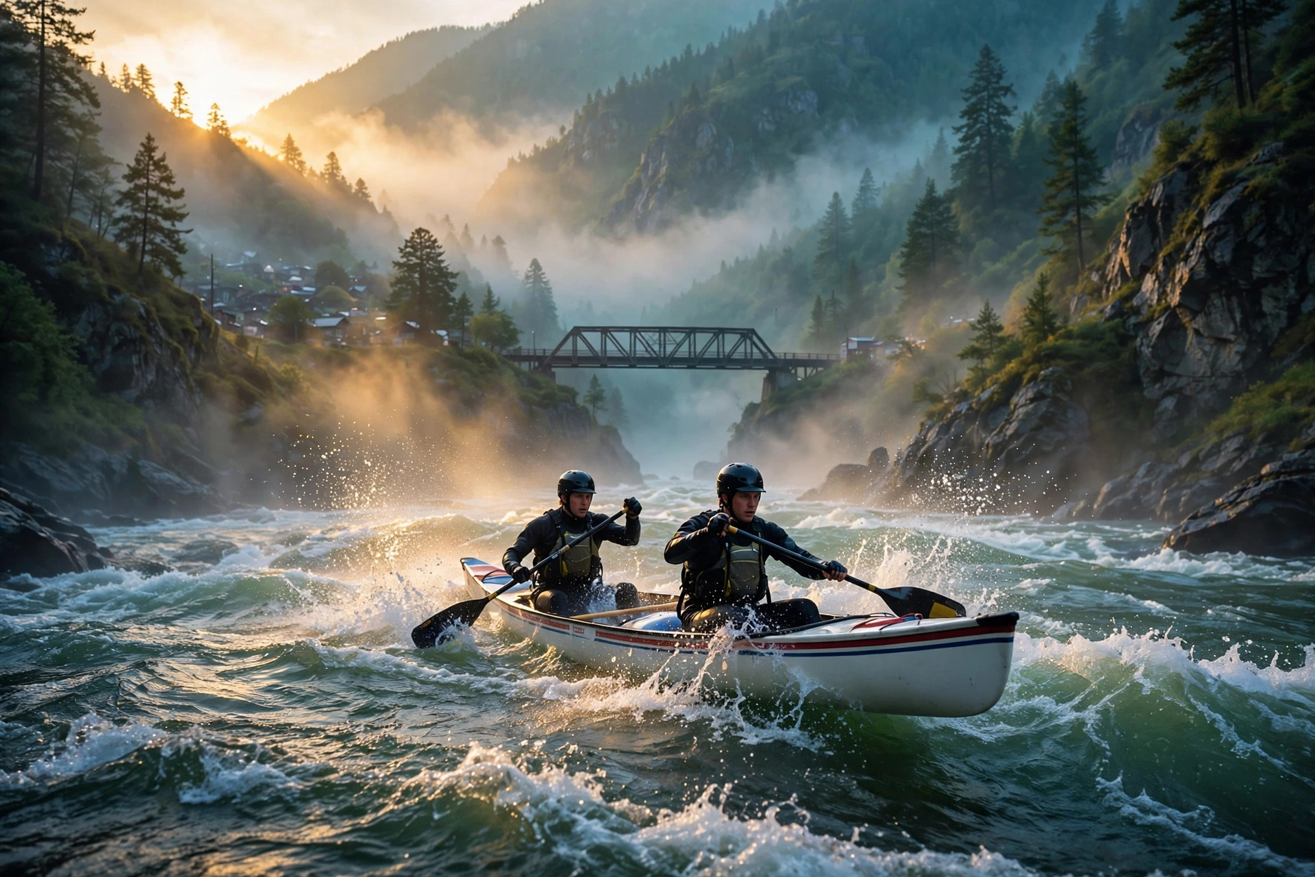 A whitewater slalom kayaker paddles through churning green rapids below a misty mountain gorge at dawn, a small town bridge visible upstream.
