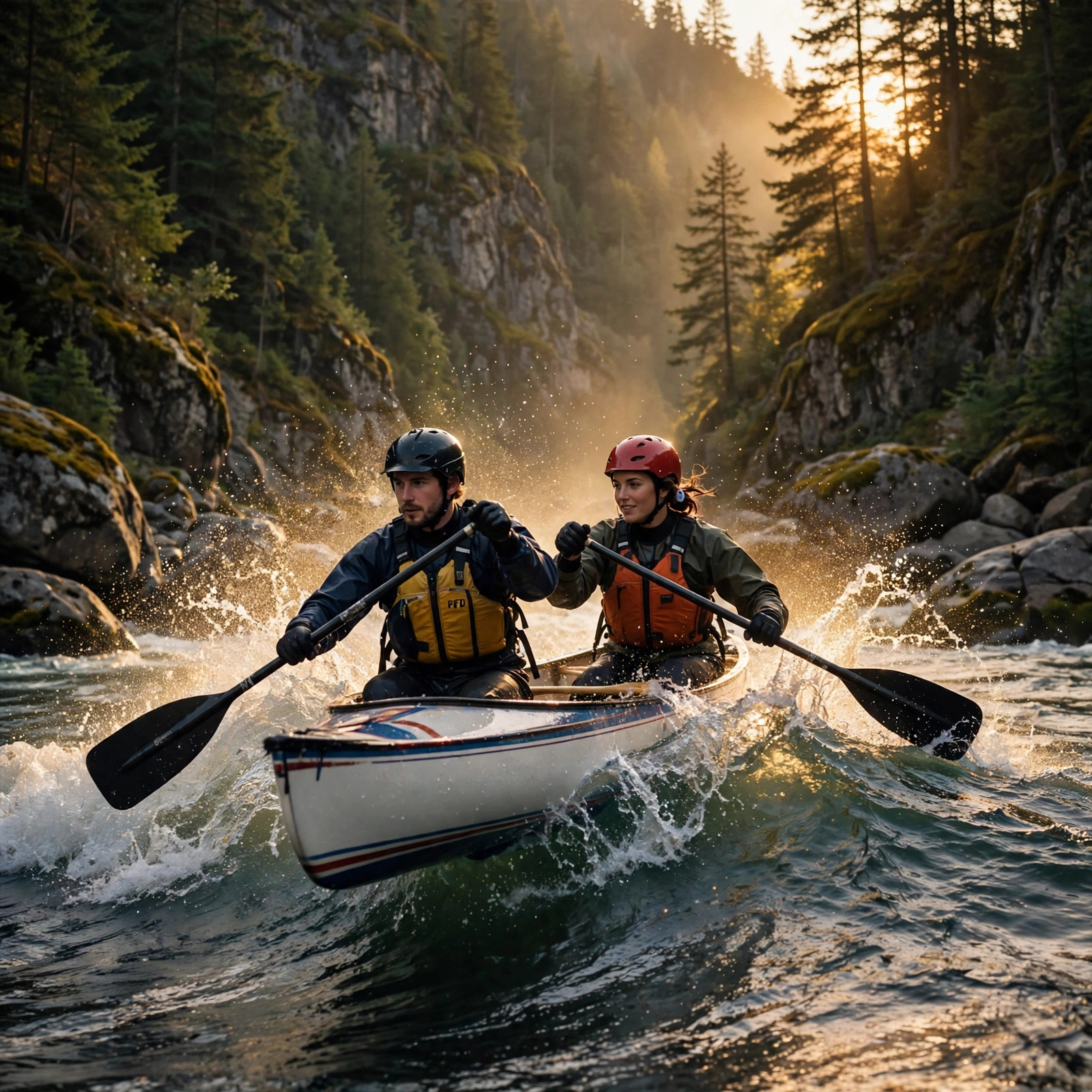 Two adult paddlers in a two-person slalom canoe crest a wave mid-gorge, paddles synchronized, spray arcing gold in low morning sun.