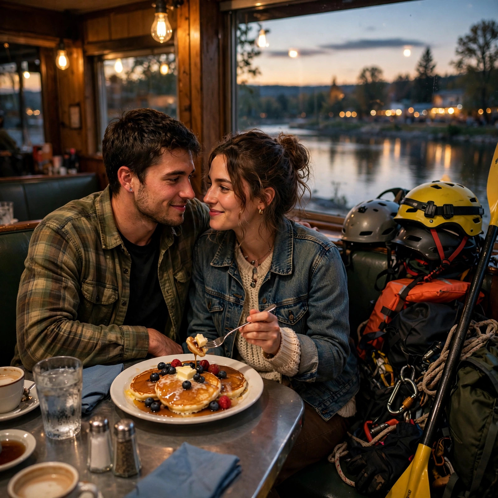 A man and a woman in their late twenties sit side by side in a small-town diner booth at dusk, sharing a plate of pancakes, river gear piled beside them, warm light in the window.