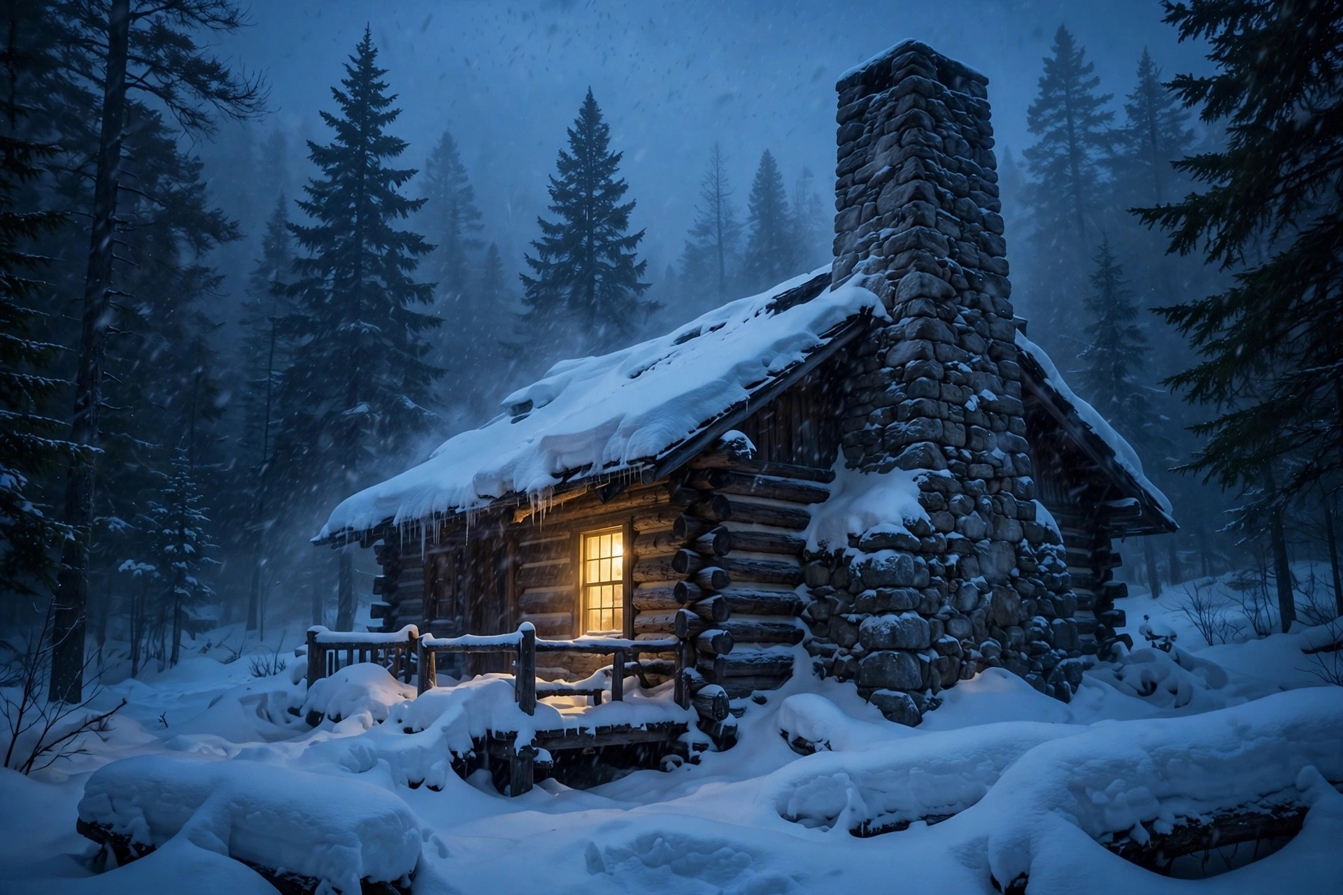 A snowbound cabin in the Ozark woods at dusk, its single lit window glowing gold against blue shadows and falling snow.