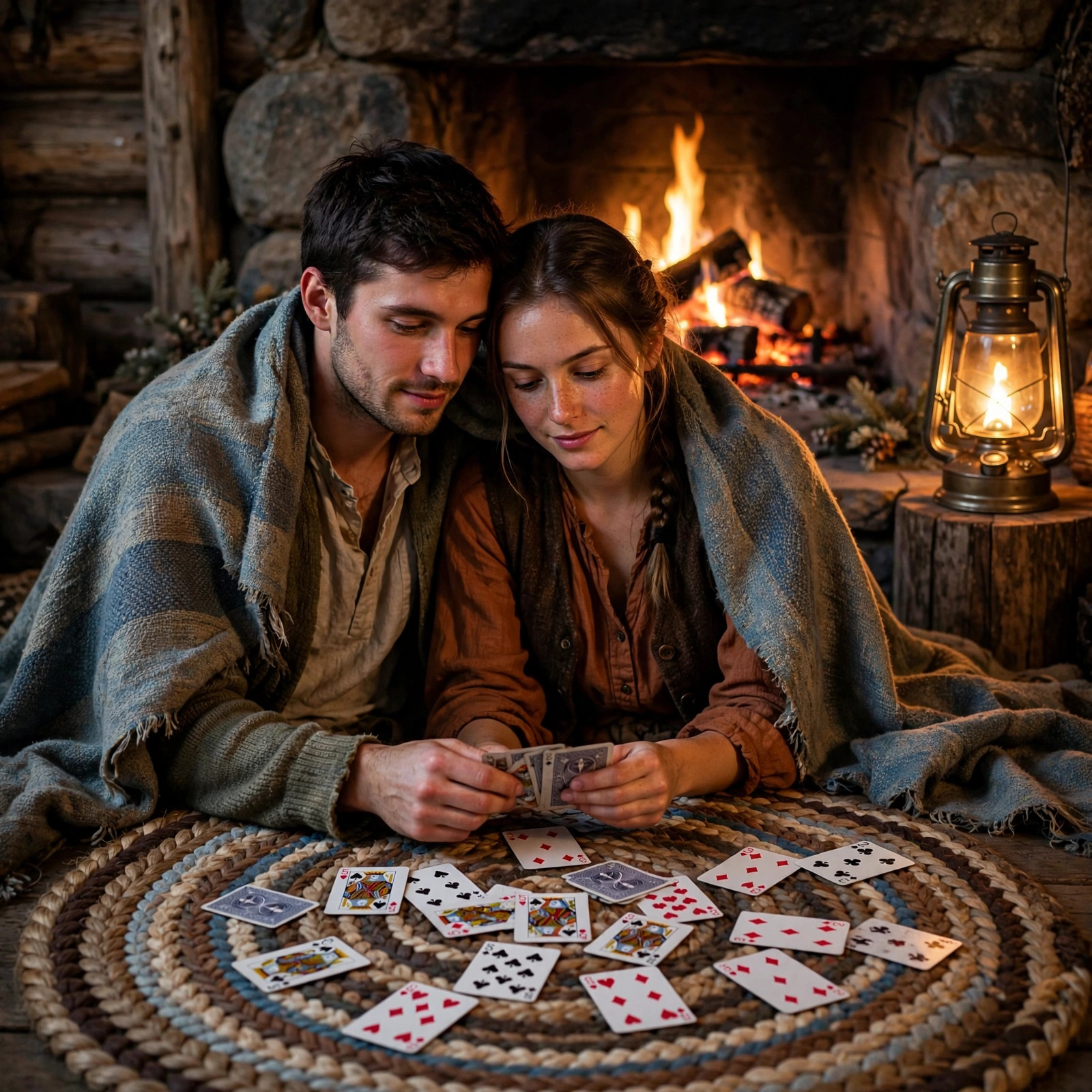 A man and a woman sitting on a braided rug by a stone fireplace, playing cards by firelight, lanterns glowing, blankets over their shoulders.