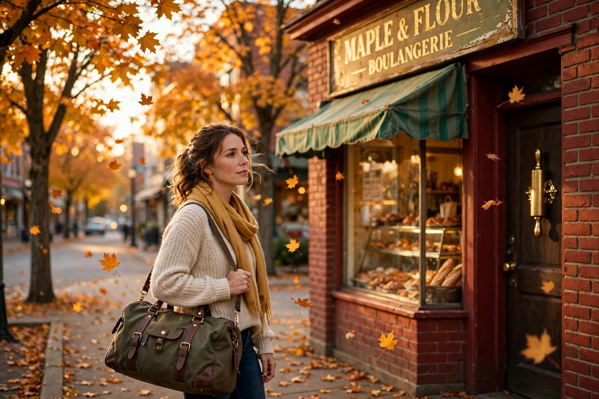 A woman in her early thirties stands before a small brick bakery on a maple lined main street at golden hour, a cardboard box in her arms and keys glinting in her hand.
