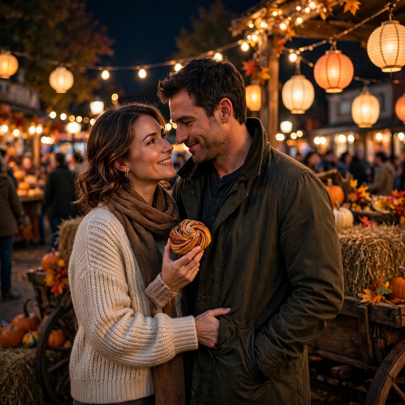 A couple stands together under string lights at a small town harvest festival at night, a hay wagon and paper lanterns behind them, her hand in his coat pocket, both smiling like people who finally stayed.